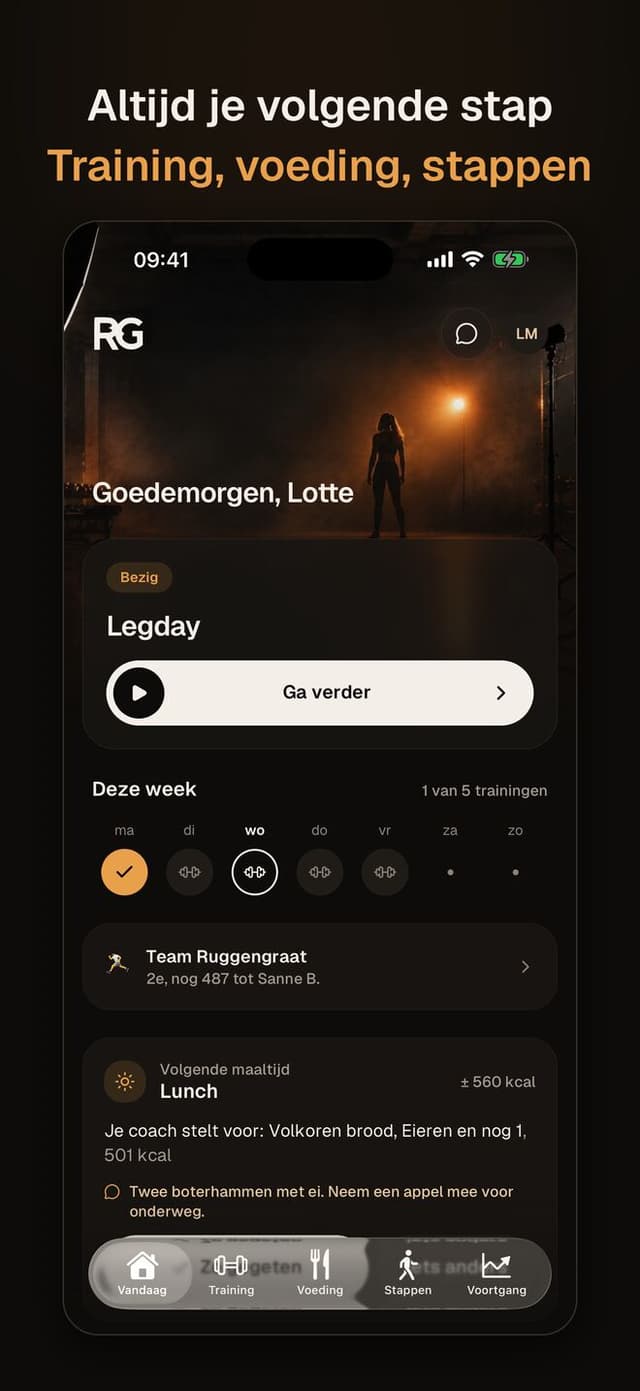Vandaag: je volgende training, maaltijd en stappen op één scherm