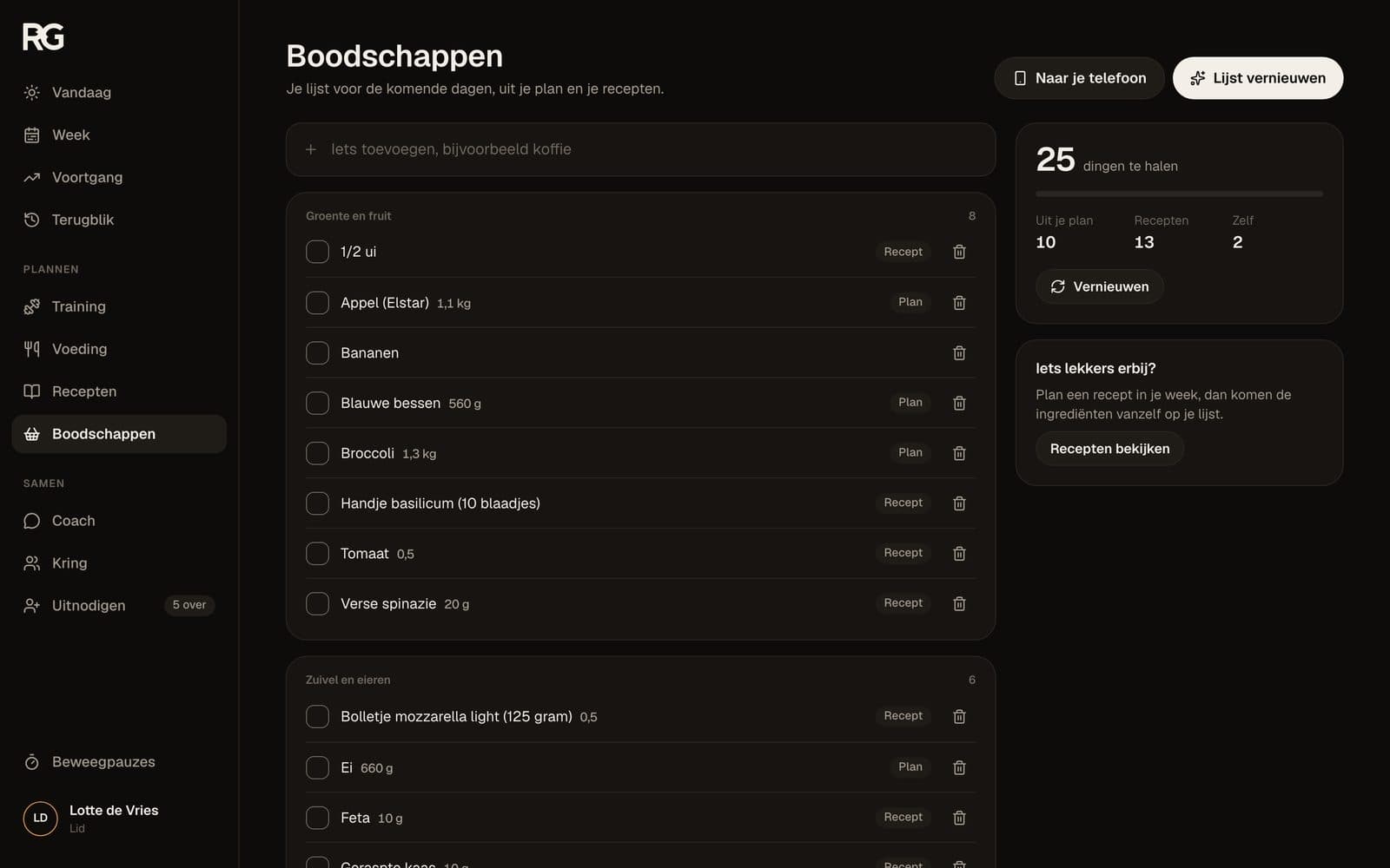 De boodschappenlijst uit je plan, met dezelfde lijst op de telefoon