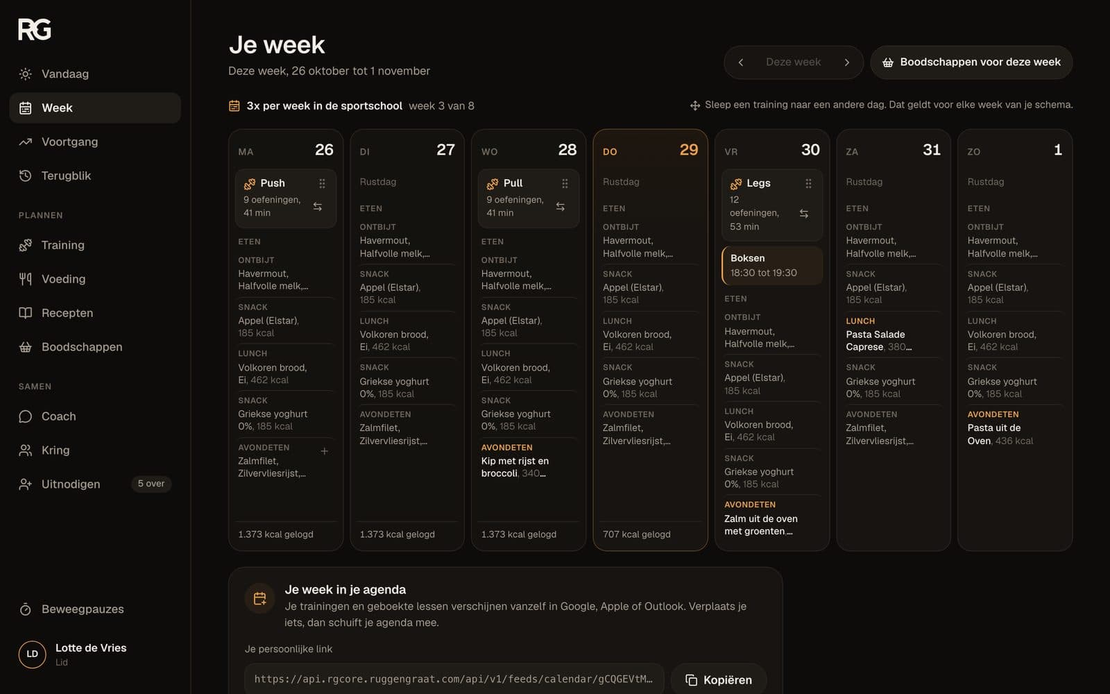 De weekplanner met trainingen, een les en maaltijden per dag