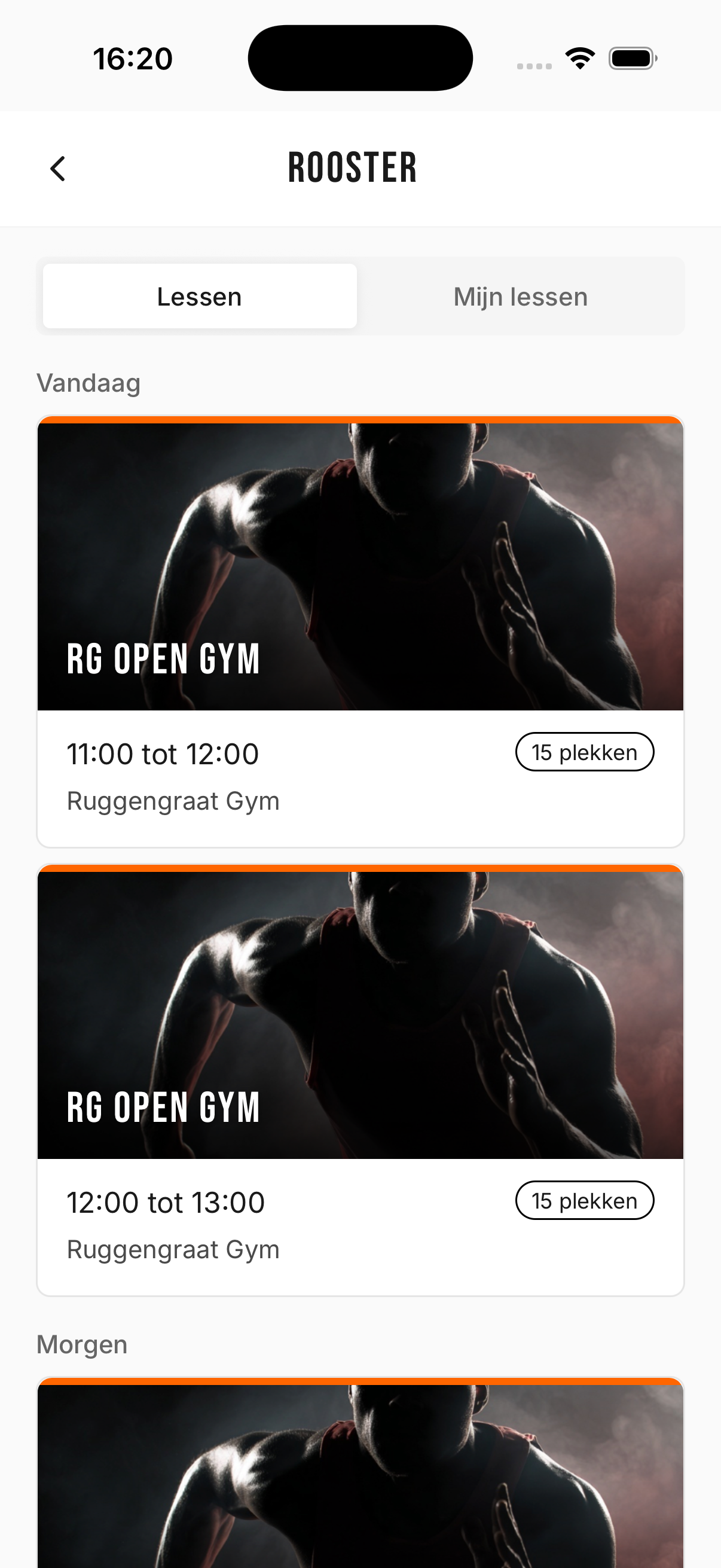 Het nieuwe Rooster in de app met lessen als kaarten